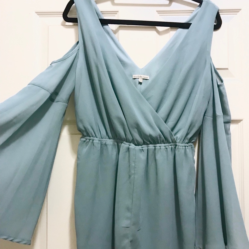 Open shoulder blue romper